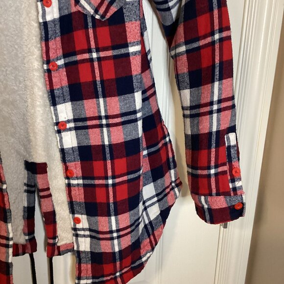 UK2LA Women's Fleece Shirt Jacket Red Plaid Size M Hooded Soft Warm Button Front - Picture 3 of 11
